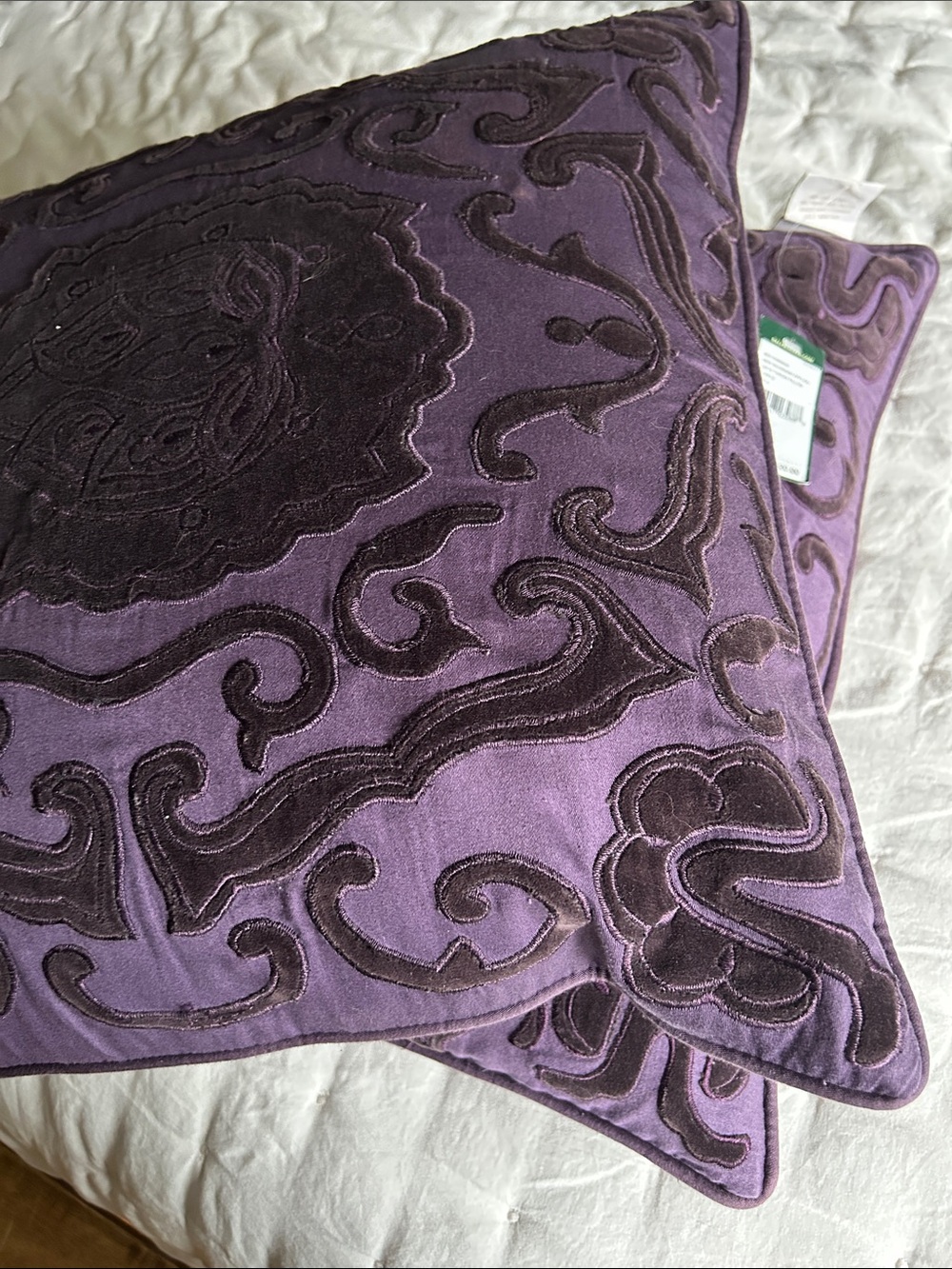 2 Ralph Lauren Purple Velvet New Bohemian Embroidered Accent Pillows. 18x18